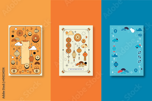 Orange and blue Chinese Mid Autumn festival background vector set