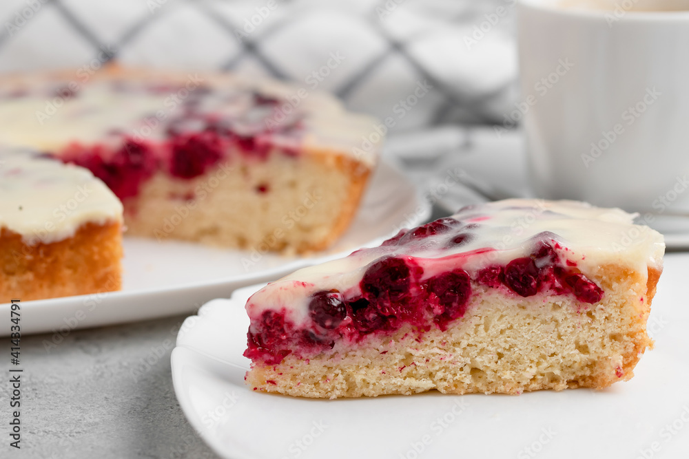 Homemade cake with cranberries and sour cream. Piece of pie close up Homemade cake with cranberries and sour cream. Piece of pie close up