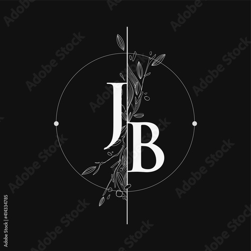 Letter JB Initial Logo with Hand Draw Floral, Initial Wedding Font Logo with Circle and Flowers. photo