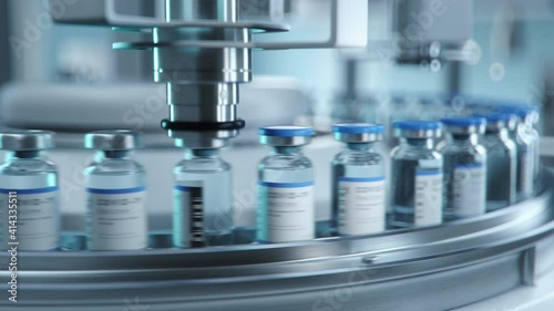 SARS-COV-2 COVID-19 Coronavirus Vaccine Mass Production in Laboratory, Machine Puts Bottle Caps on Ampoules Moving on Pharmaceutical Conveyor Belt in Research Lab. Loopable Footage.