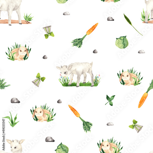 Watercolor farm village seamless pattern with cute little farm animals and elements