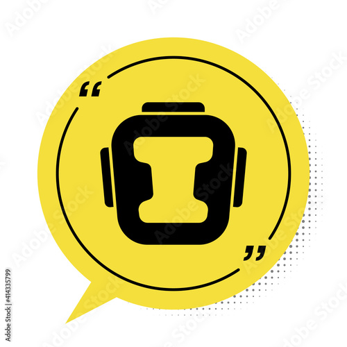 Black Boxing helmet icon isolated on white background. Yellow speech bubble symbol. Vector.