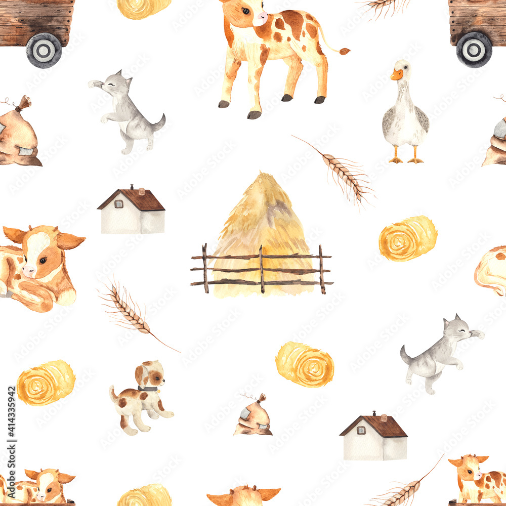Watercolor farm village seamless pattern with cute little farm animals ...