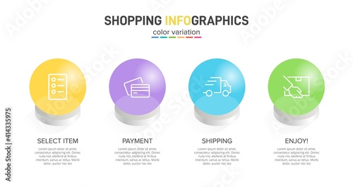 Concept of shopping process with 4 successive steps. Four colorful graphic elements. Timeline design for brochure, presentation, web site. Infographic design layout.