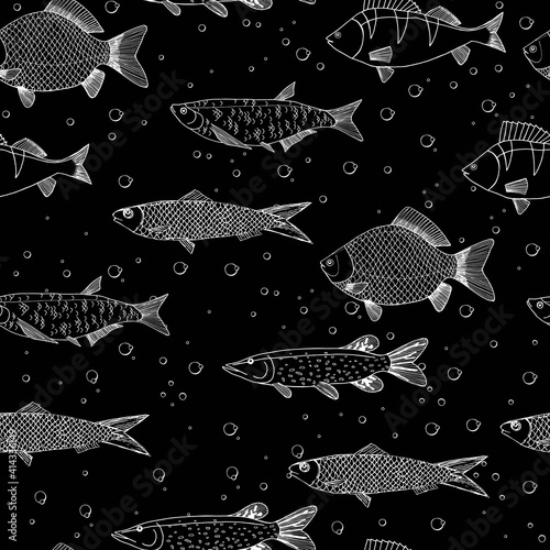 Seamless vector sketches of sea and river fish animal. Pike, carp, perch, sardine isolated fish sketch, sport or fish market theme. Prints for clothing, textiles, paper and web.