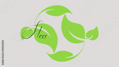 animated logo inscription healthy food on the background of carved green leaves