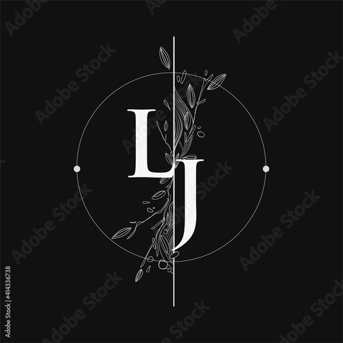 Letter LJ Initial Logo with Hand Draw Floral, Initial Wedding Font Logo with Circle and Flowers.