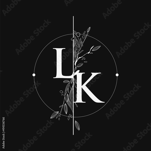 Letter LK Initial Logo with Hand Draw Floral, Initial Wedding Font Logo with Circle and Flowers. photo