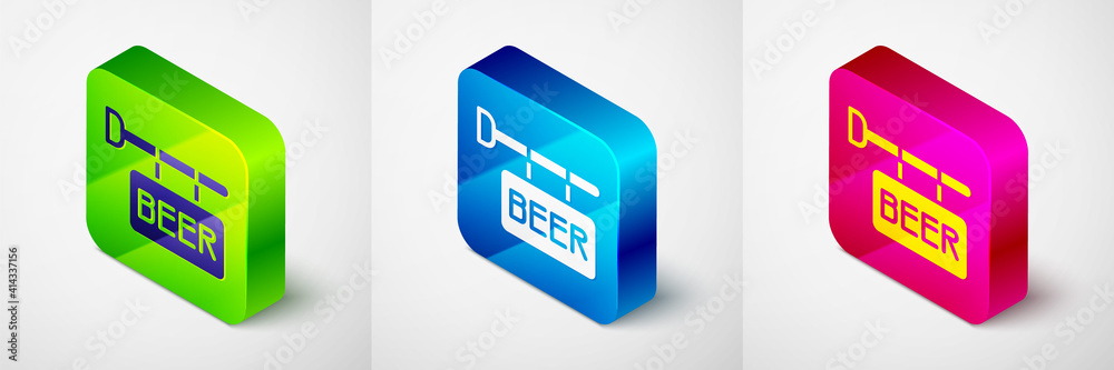 Isometric Street signboard with inscription Beer icon isolated on grey background. Suitable for advertisements bar, cafe, pub, restaurant. Square button. Vector. Isometric Street signboard with inscription Beer icon isolated on grey background. Suitable for advertisements bar, cafe, pub, restaurant. Square button. Vector.
