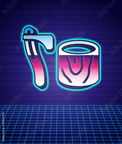 Retro style Wooden axe in stump icon isolated futuristic landscape background. Lumberjack axe. Axe stuck in wood. Chopping wood. 80s fashion party. Vector.