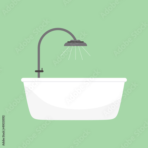 Shower taps and bathtub. Bathroom interior. Comfortable equipment for bathing and relaxing. Design modern bathroom vector flat cartoon illustration isolated on light green background