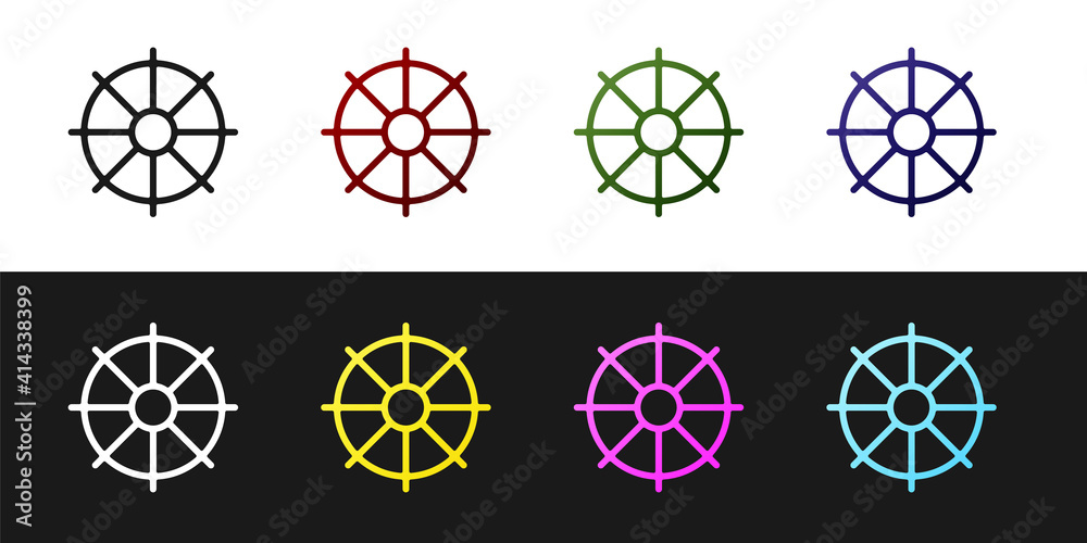 Set Dharma wheel icon isolated on black and white background. Buddhism religion sign. Dharmachakra symbol. Vector. Set Dharma wheel icon isolated on black and white background. Buddhism religion sign. Dharmachakra symbol. Vector.