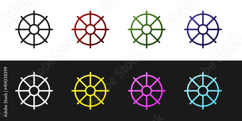Set Dharma wheel icon isolated on black and white background. Buddhism religion sign. Dharmachakra symbol. Vector.