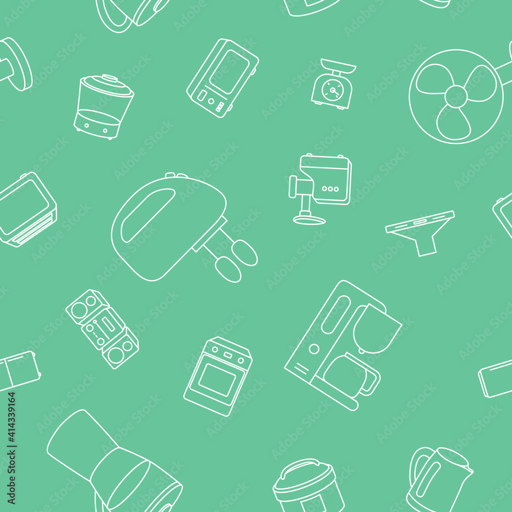 Home machines - Vector background (seamless pattern) of microwave, oven, refrigerator, vacuum, blender, kettle and other appliances for graphic design Home machines - Vector background (seamless pattern) of microwave, oven, refrigerator, vacuum, blender, kettle and other appliances for graphic design