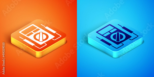 Isometric Ampere meter, multimeter, voltmeter icon isolated on orange and blue background. Instruments for measurement of electric current. Vector.