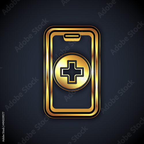 Gold Phone repair service icon isolated on black background. Adjusting, service, setting, maintenance, repair, fixing. Vector.