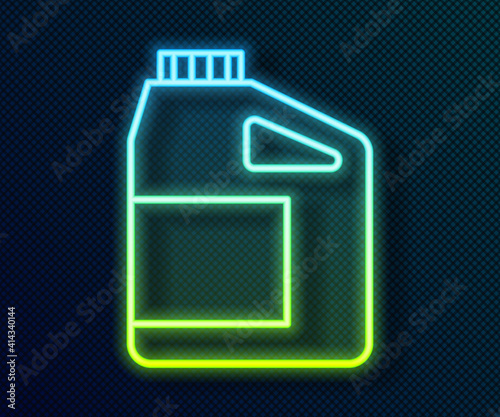 Glowing neon line Canister for motor machine oil icon isolated on black background. Oil gallon. Oil change service and repair. Engine oil sign. Vector.