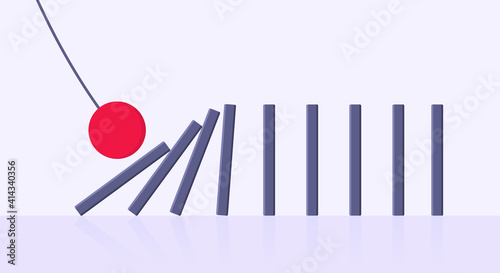 Domino effect business concept. Big red ball starts row of falling blocks of dominoes flat style vector illustration. Business bankruptcy or crisis, risk chain reaction and finding solution metaphor.