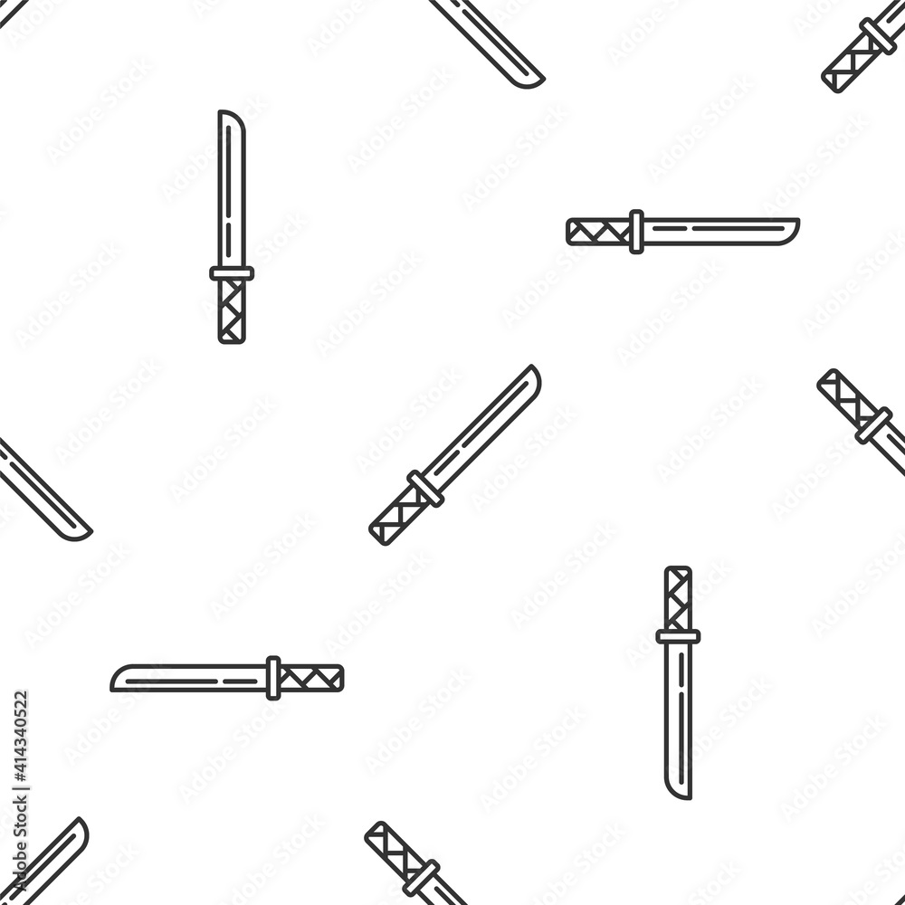 Grey line Traditional Japanese katana icon isolated seamless pattern on white background. Japanese sword. Vector. Grey line Traditional Japanese katana icon isolated seamless pattern on white background. Japanese sword. Vector.