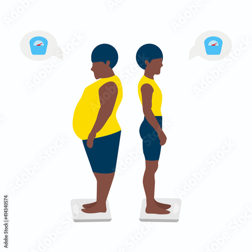 Vector Illustration of a black man showing the weight before and after. A fat and slim female figure. Eps 10