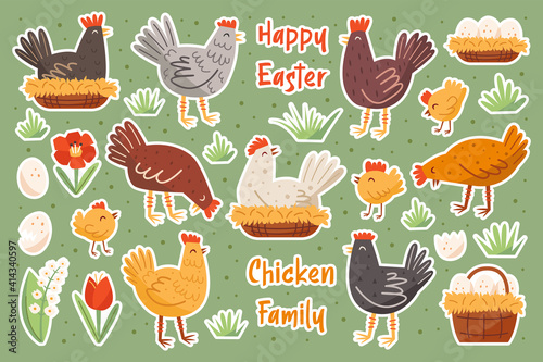 Set of chicken family. Chicken, hen, cock, egg, nest, flower. Farm domestic animals, birds. Happy Easter elements, set of stickers.