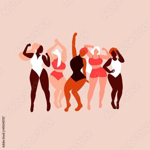 Body positive. Love your body. Different skin color and body size women characters dance in swimsuit. Flat vector illustration for postcard, banner, poster, app. Eps 10