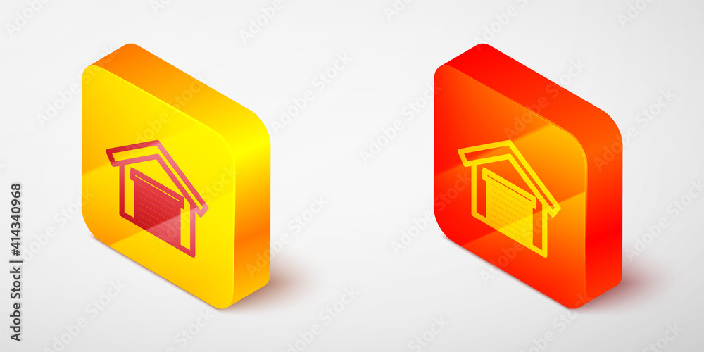 Isometric line Garage icon isolated on grey background. Yellow and orange square button. Vector. Isometric line Garage icon isolated on grey background. Yellow and orange square button. Vector.