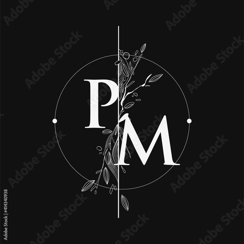 Letter PM Initial Logo with Hand Draw Floral, Initial Wedding Font Logo with Circle and Flowers.