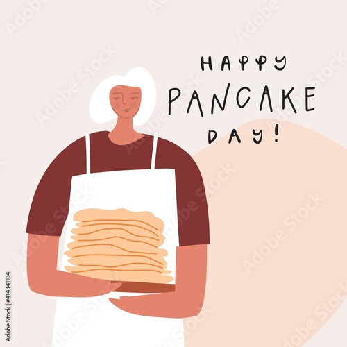 Stylized woman with pancakes stack. Happy pancake day. Vector template for postcard sticker print poster