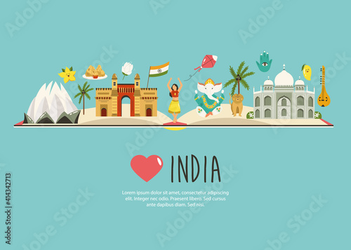 Travel poster with famous destinations and landmarks of India