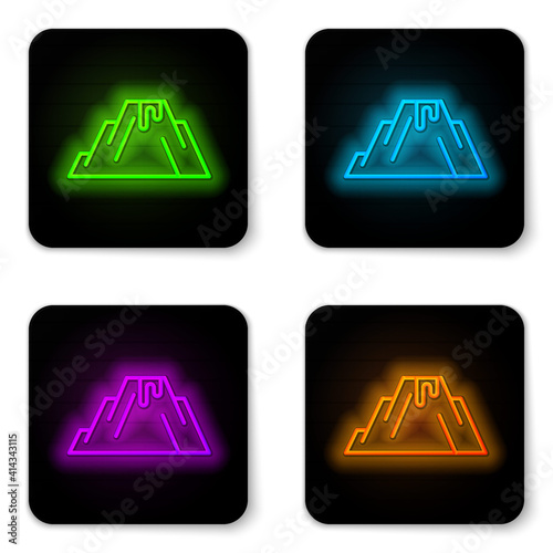 Glowing neon line Volcano eruption with lava icon isolated on white background. Black square button. Vector.