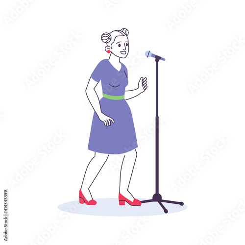 Young woman with microphone. Colorful flat design vector illustration. Karaoke singer woman with microphone stand