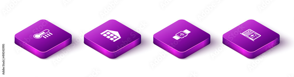 Set Isometric Thermometer, Warehouse, Smartwatch with wireless and Medical clinical record icon. Vector.