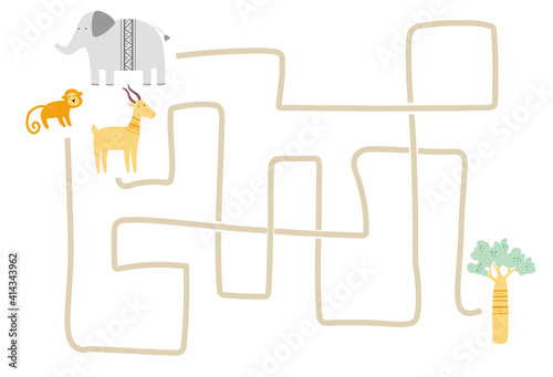 Maze with cute african animal for children. Kids labyrinth game. Mind activities illustration.