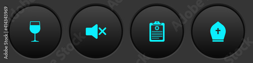 Set Wine glass, Speaker mute, Clinical record and Pope hat icon. Vector.