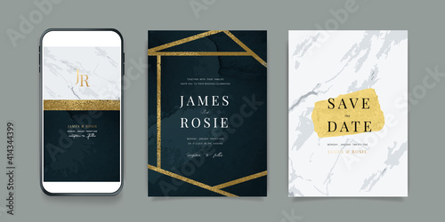 Luxury Marble dark green emerald Social Media, mobile  Wedding invite frame templates. Vector background. Invitation mobile Floral with golden collage layout design.