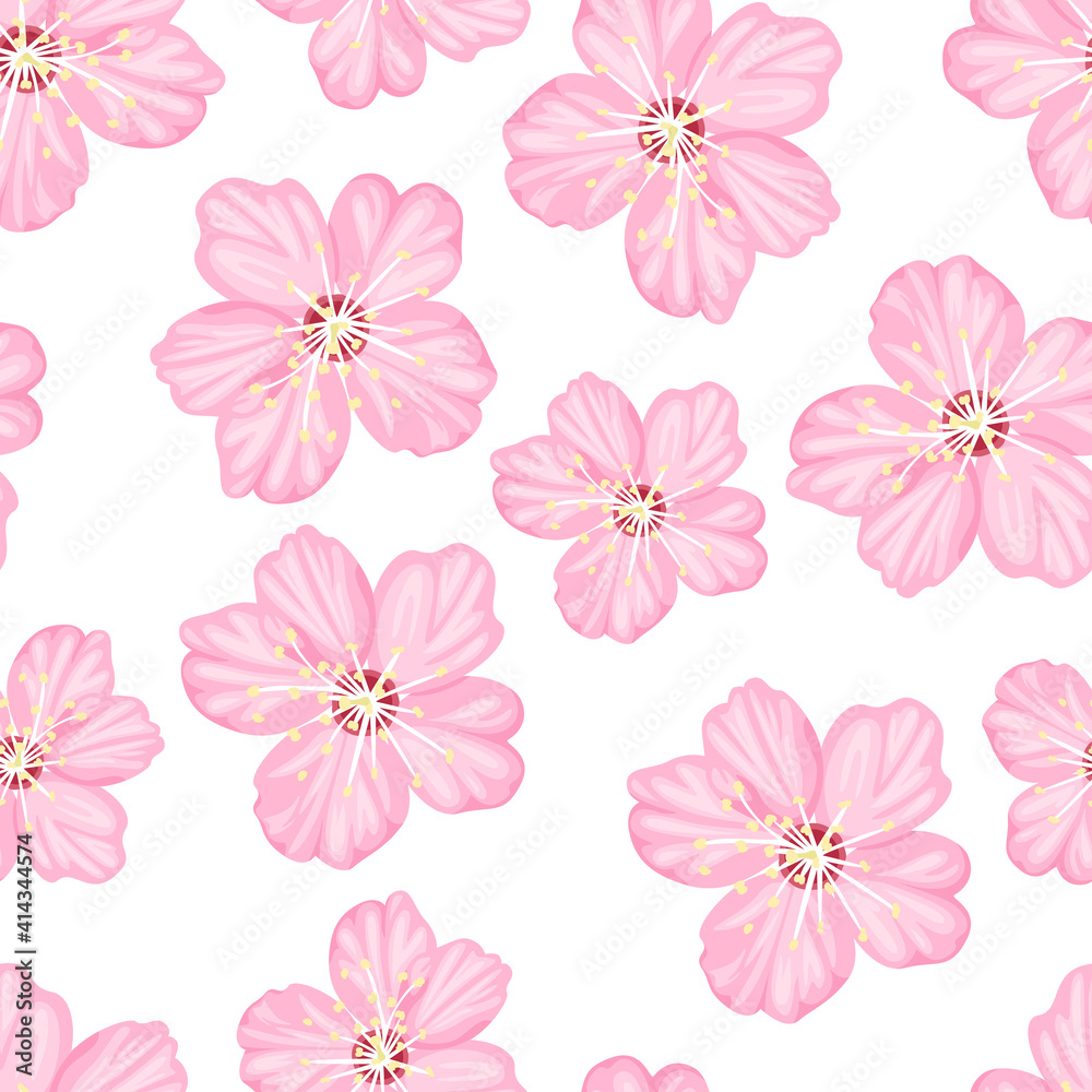 Sakura flowers seamless pattern. Pink blossoming cherry isolated on white background. Vector spring floral illustration. Cartoon flat style.