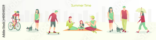 Summer time outdoor activities set. People spending free time in park, relaxing on nature, cycling, walking with dog, skateboarding, having picnic flat vector illustration