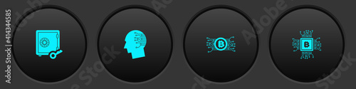 Set Proof of stake, Brain as digital circuit board, Cryptocurrency bitcoin and CPU mining farm icon. Vector.