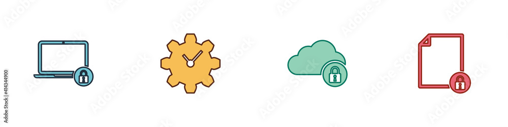 Fototapeta premium Set Laptop and lock, Time Management, Cloud computing and Document icon. Vector.