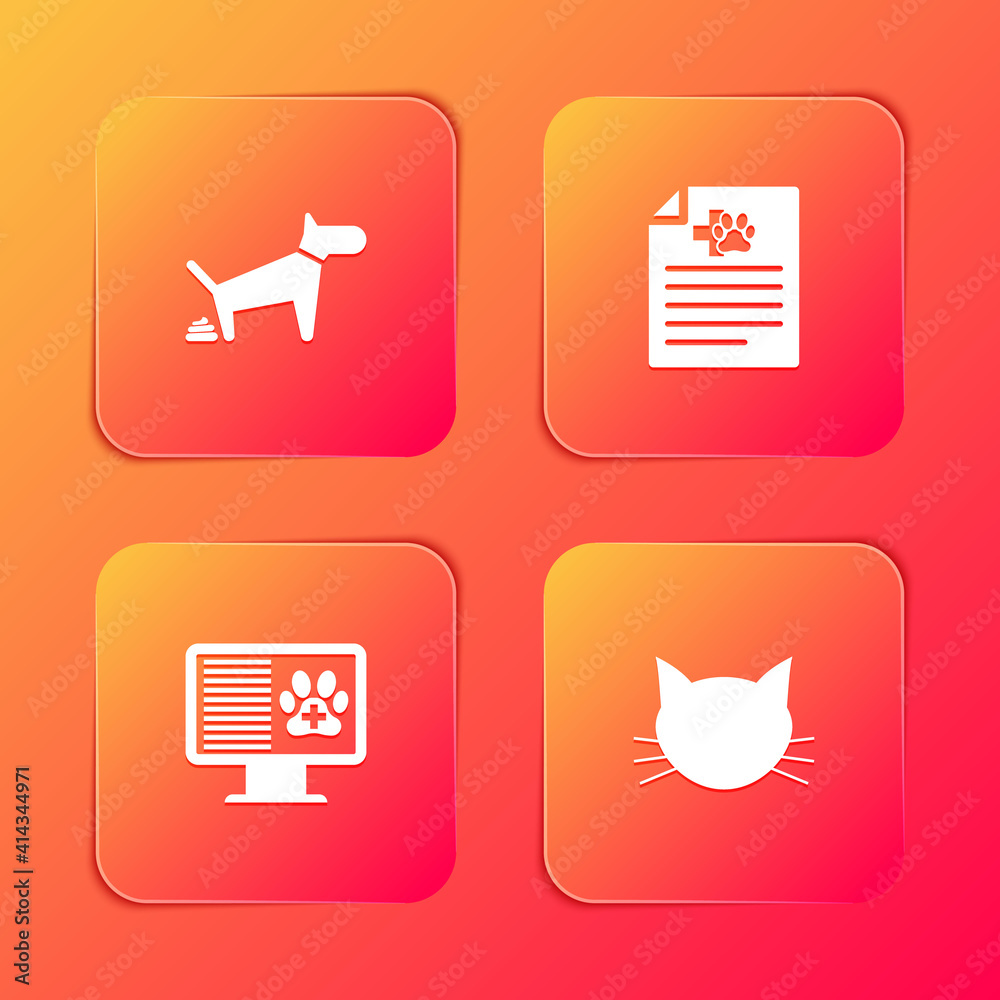 Set Dog pooping, Medical certificate for dog or cat, Clinical record pet on monitor and Cat icon. Vector. Set Dog pooping, Medical certificate for dog or cat, Clinical record pet on monitor and Cat icon. Vector.