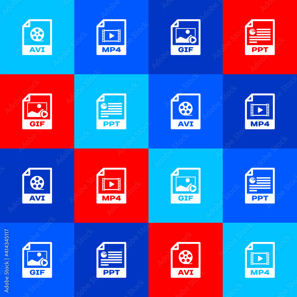 Set AVI file document, MP4, GIF and PPT icon. Vector. Set AVI file document, MP4, GIF and PPT icon. Vector.