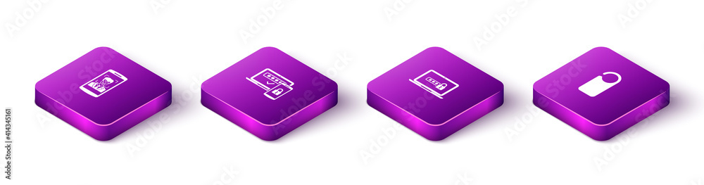 Set Isometric Mobile and face recognition, Two steps authentication, Laptop with password and Please do not disturb icon. Vector. Set Isometric Mobile and face recognition, Two steps authentication, Laptop with password and Please do not disturb icon. Vector.