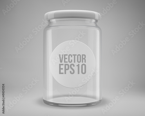 Glass jam jar with a lid. A transparent jar with a white round cisticker. Realistic 3D illustration. Vector.