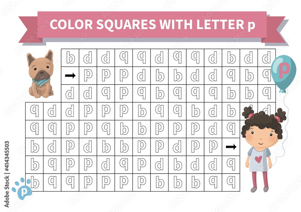 Printable game. Worksheet for kids. Exercise about letter reversals b, d, q, p. Maze with girl and french bulldog, Page a4, Vector. Printable game. Worksheet for kids. Exercise about letter reversals b, d, q, p. Maze with girl and french bulldog, Page a4, Vector.