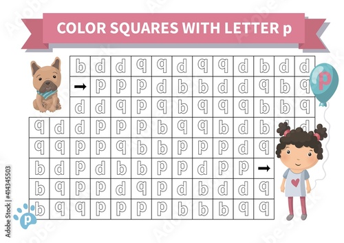 Printable game. Worksheet for kids. Exercise about letter reversals b, d, q, p. Maze with girl and french bulldog, Page a4, Vector.