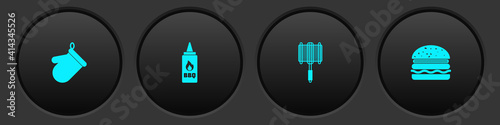 Set Oven glove, Ketchup bottle, Barbecue steel grid and Burger icon. Vector.