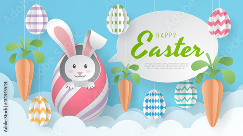 Happy Easter background with eggs, carrot, dan bunny. Paper Art. Vector Illustration.