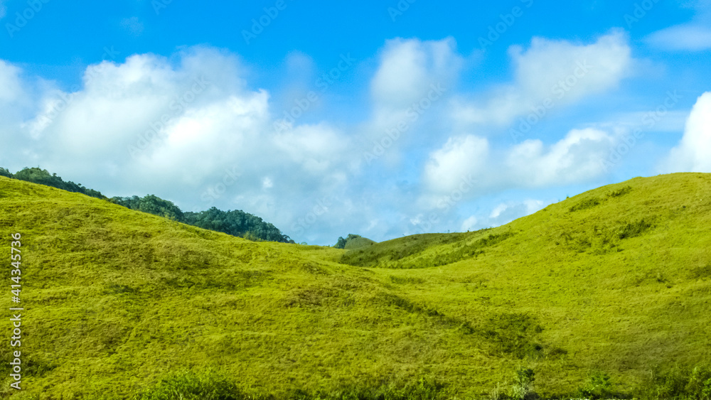 scenery of green karst hill with white cloud ornament on it