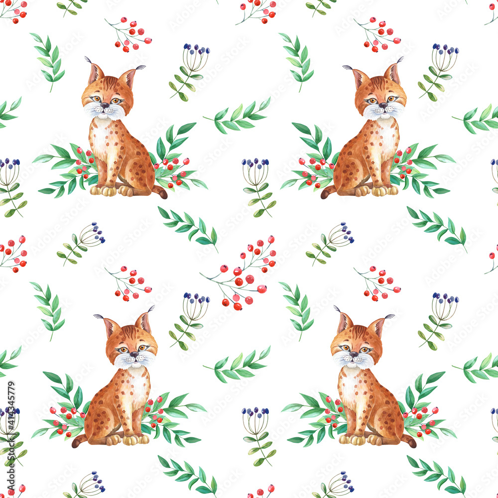 Watercolor Lynx,Green twigs,berry on white background.Animal Seamless pattern with Bobcat.Spring,summer herbal